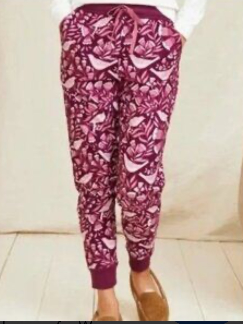 Garnet Hill Plum & Blush Floral & Bird Lounge Joggers Pajama Pants Size Small